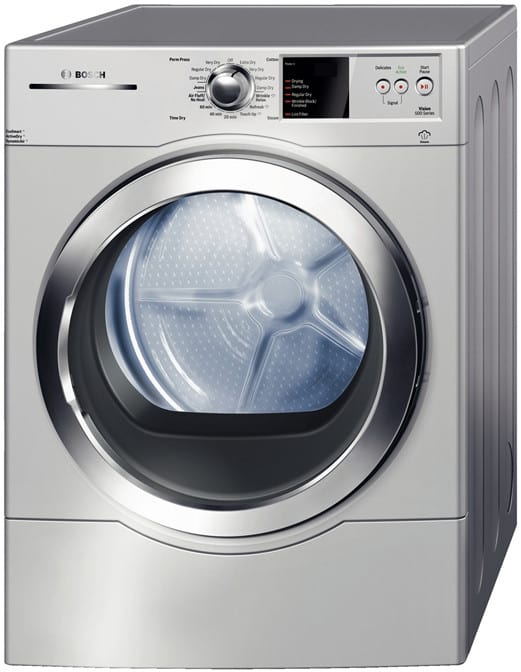 Silver Bosch dryer with a front-opening door and control panel