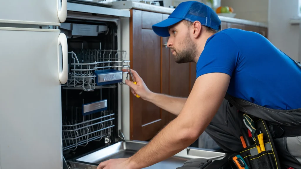 Person inspecting an open dishwasher beside its lower rack
