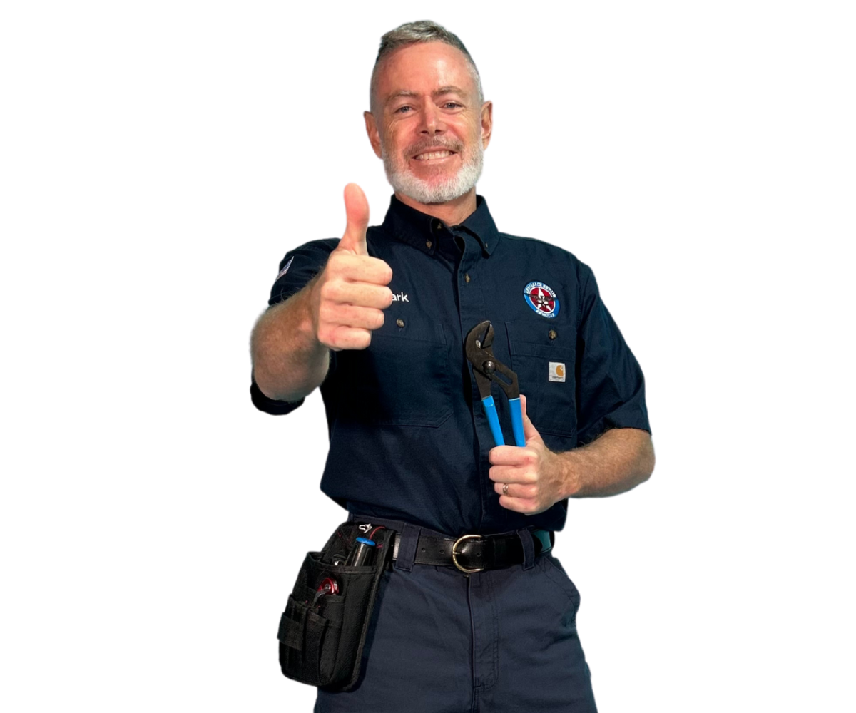 Mark Oliver holding blue-handled pliers and giving a thumbs-up in his Appliance Repair American uniform