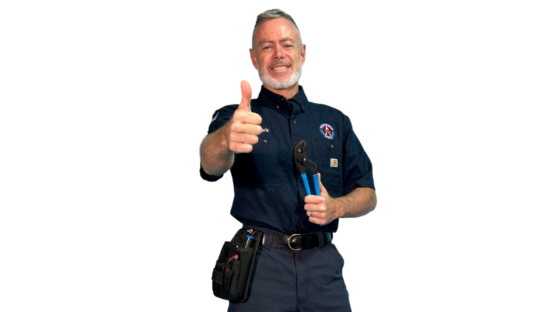 Mark Oliver in an Appliance Repair American shirt holding blue-handled pliers and giving a thumbs-up