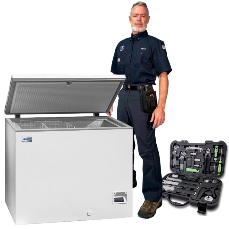 Mark Oliver with an open chest freezer and tool case in an Appliance Repair American company graphic