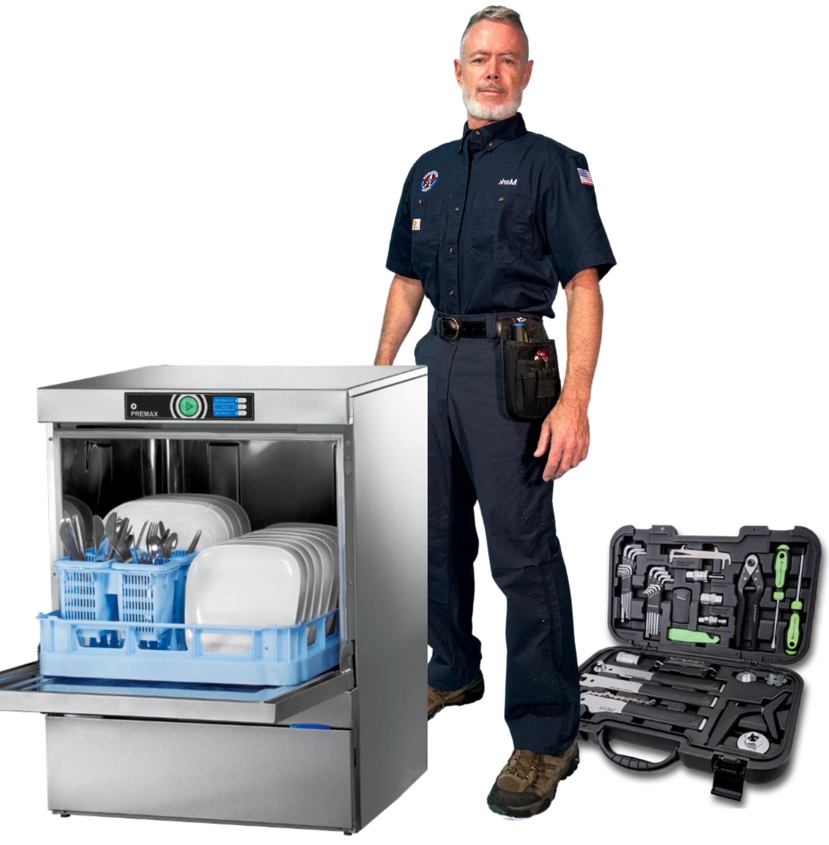Mark Oliver pictured with an open dishwasher and tool case in a company service graphic