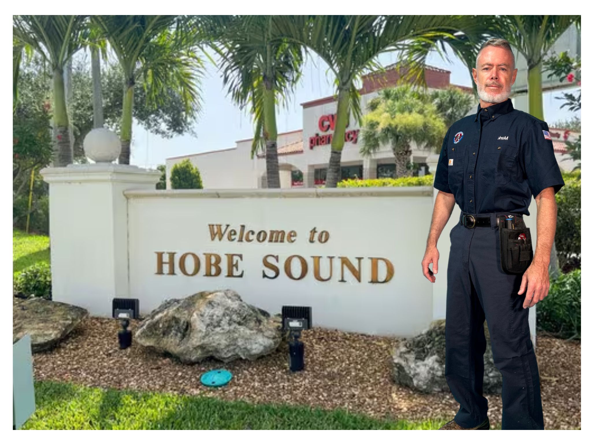 Original service graphic showing Mark Oliver beside a Welcome to Hobe Sound sign