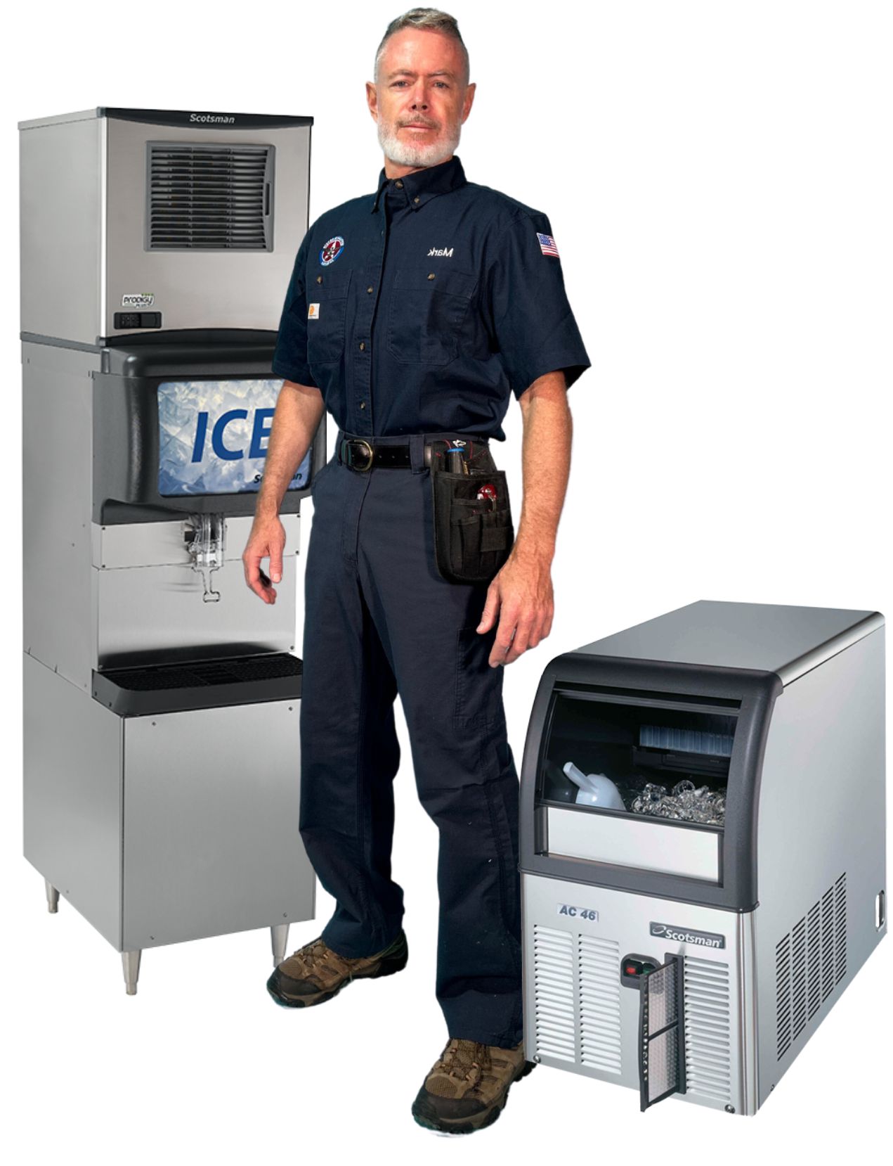 Mark Oliver pictured with two Scotsman ice machines in a service graphic