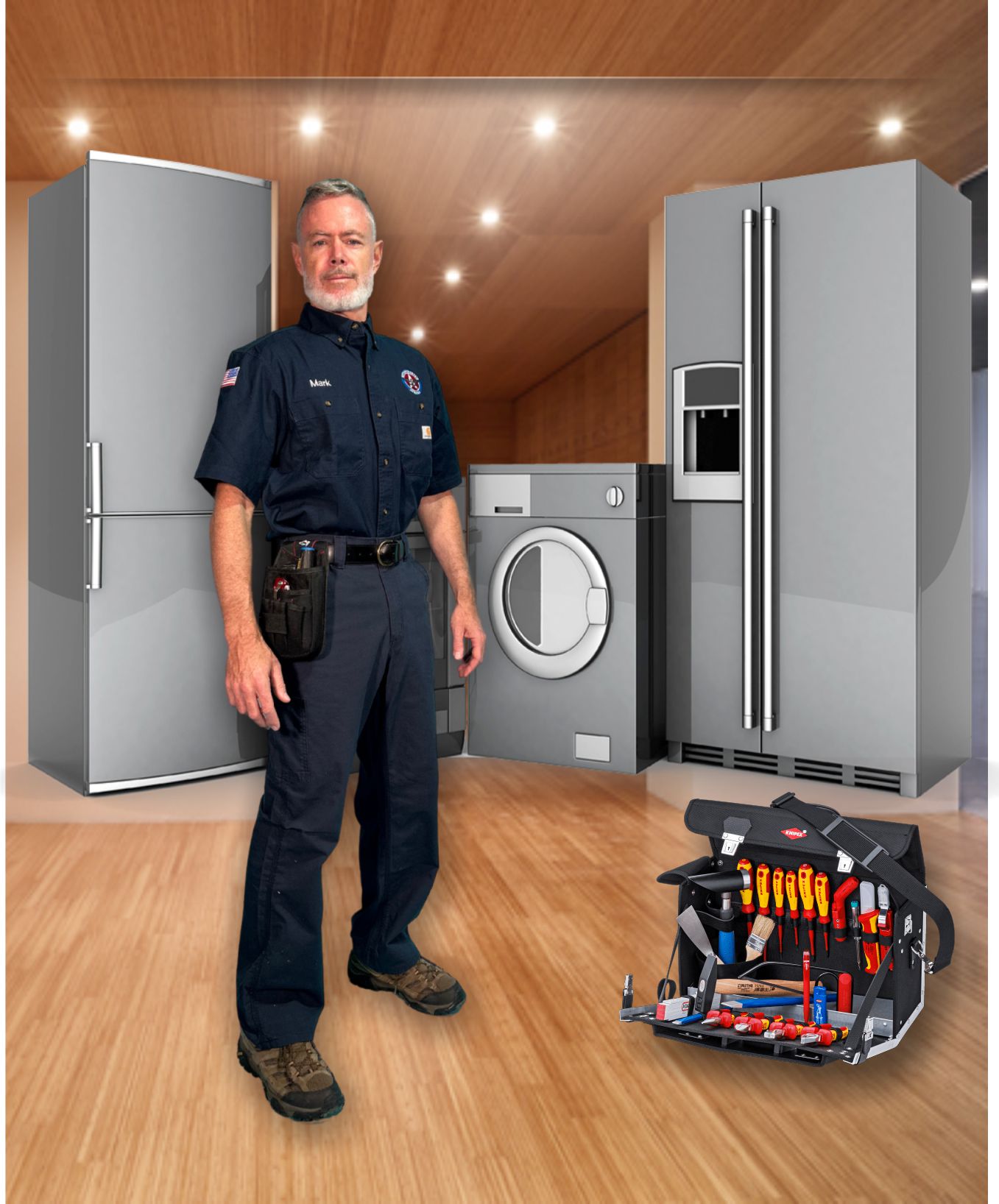 Service illustration featuring Mark Oliver, refrigerators, a washer and a tool bag