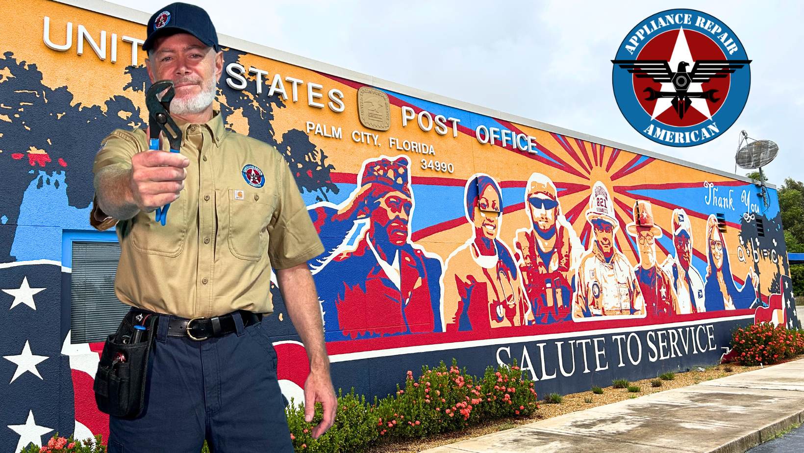 Original service graphic with Mark Oliver and the Palm City post-office mural