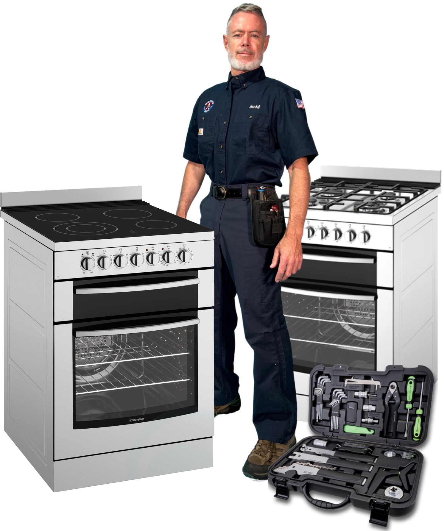 Mark Oliver pictured with gas and electric ranges and an open tool case in a service graphic