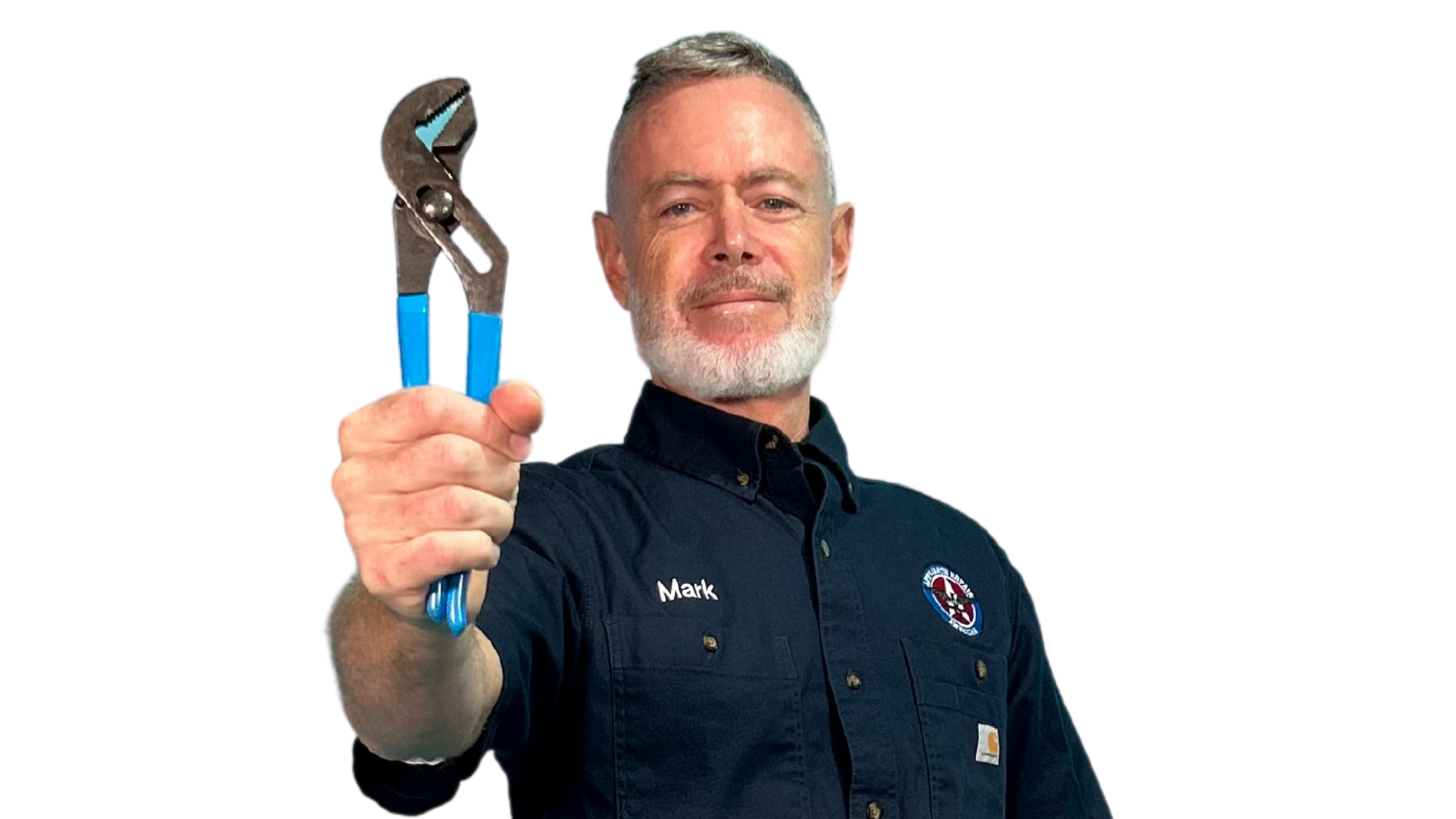 Mark Oliver in his Appliance Repair American uniform holding blue-handled pliers