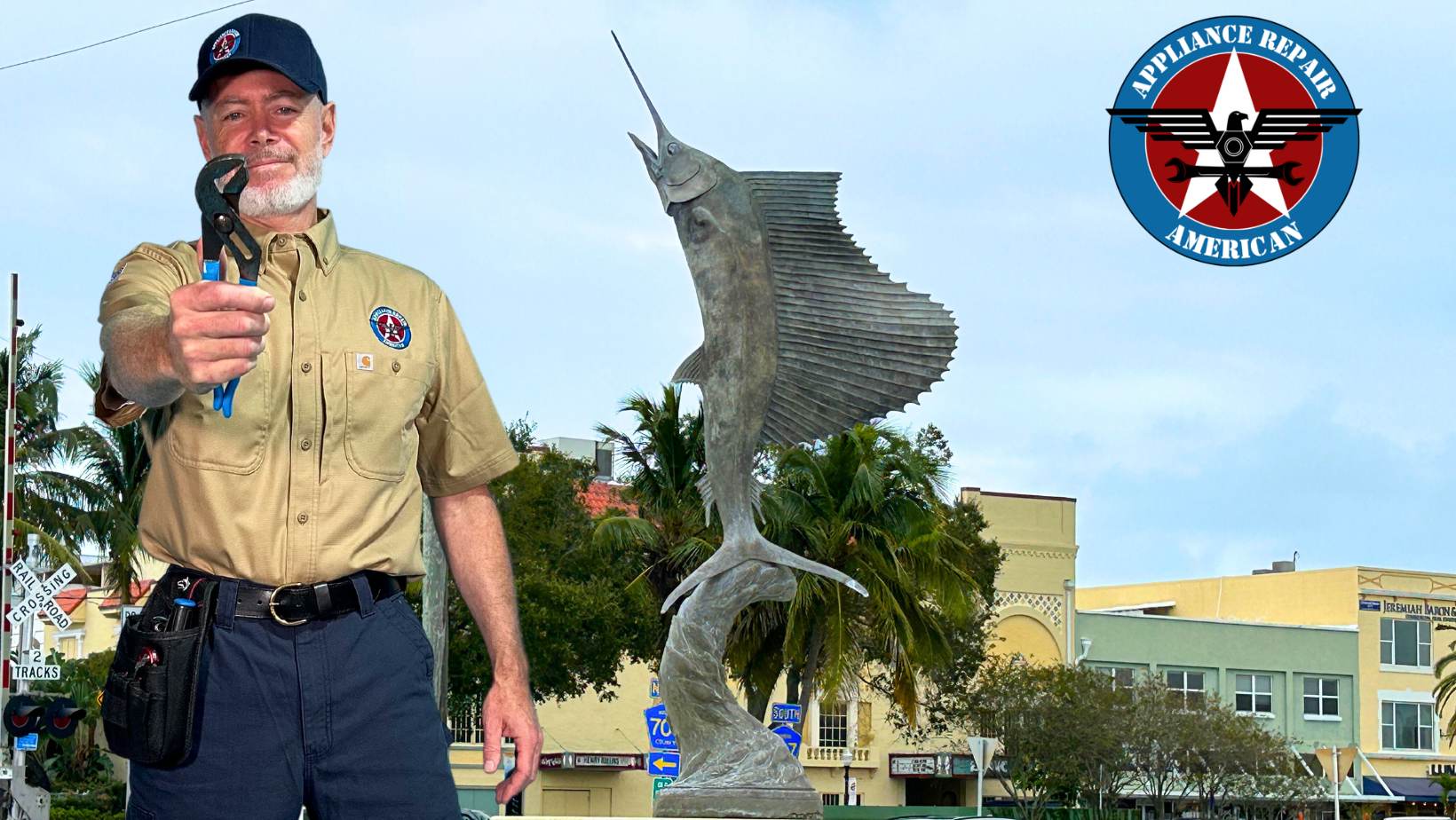 Original service illustration with Mark Oliver holding pliers beside a sailfish statue