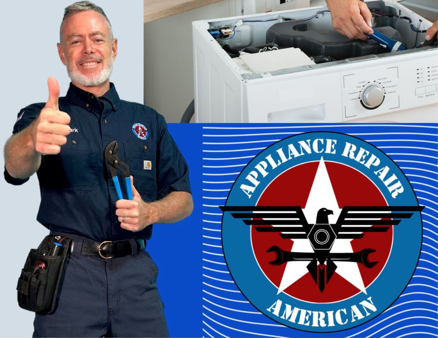 Appliance Repair American service graphic with Mark Oliver, an open washer and the company logo