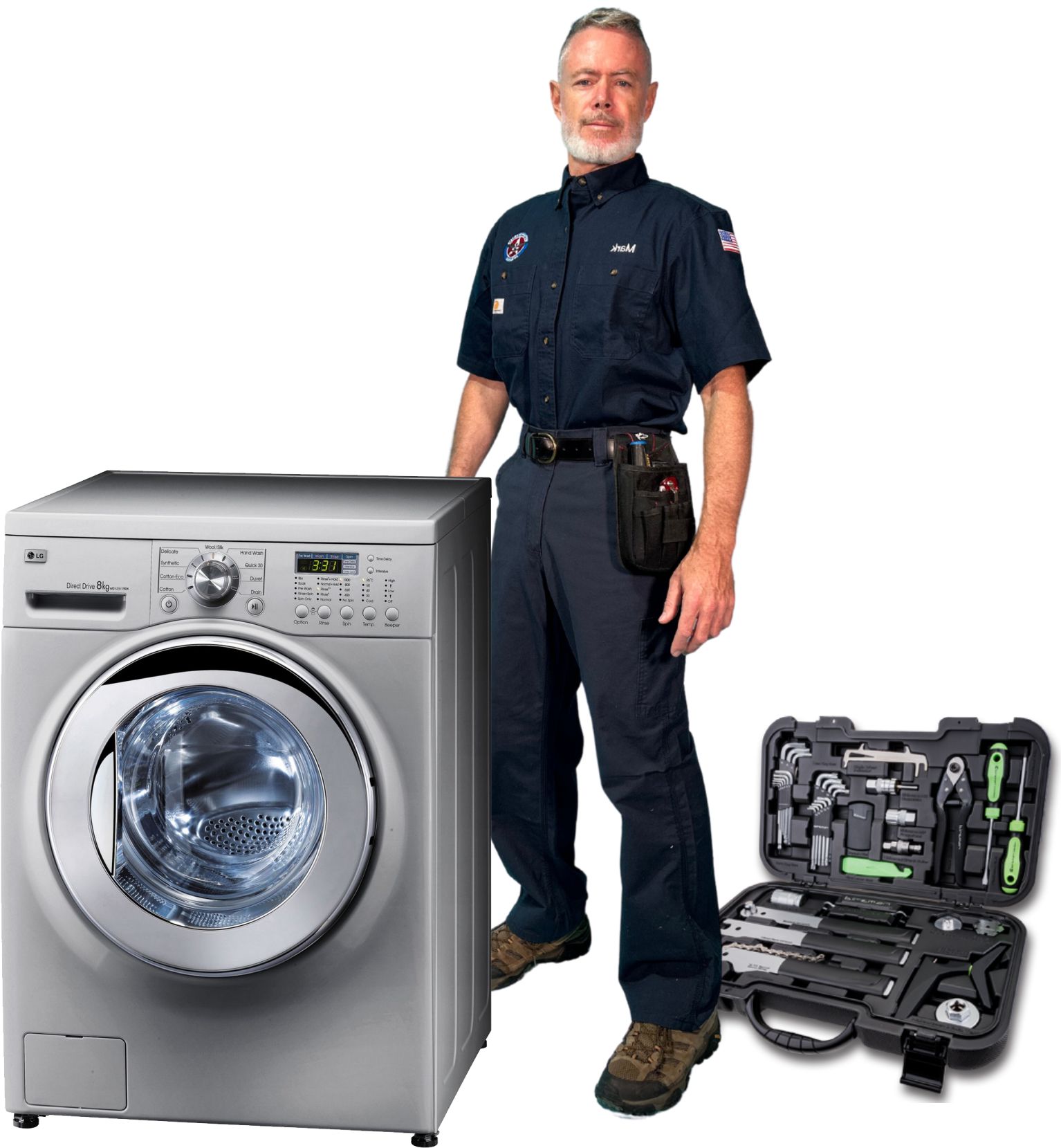 Mark Oliver pictured with a front-load washing machine and tool case in a company laundry service graphic