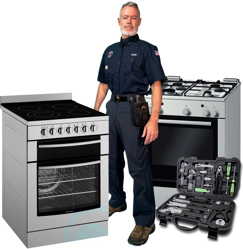 Oven repair illustration with a person, two ranges and a tool case