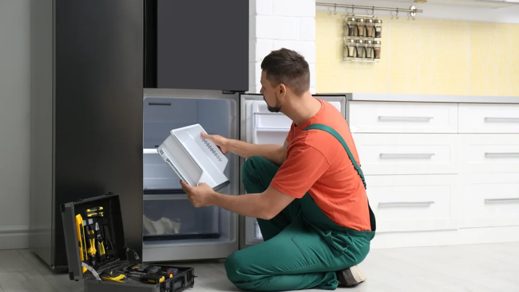 Person holding an ice bin beside an open refrigerator