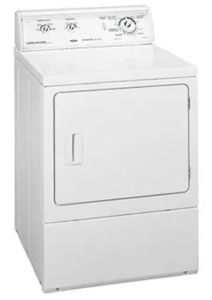 White Amana dryer viewed from the front and left side with a rear control panel