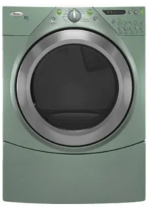 Green front-loading dryer with a round door and front controls