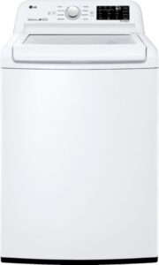 White LG top-loading washer with a glass lid and raised rear control panel