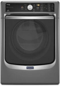 Dark Maytag dryer with a glass door and rear electronic controls