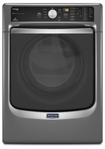 Gray Maytag dryer with a dark glass door and front control panel