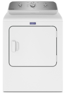 White Maytag dryer with a solid door and raised rear controls