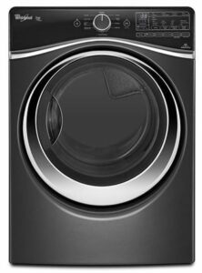 Black Whirlpool dryer with a round door and front controls