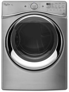 Silver Whirlpool dryer with front controls and a round door