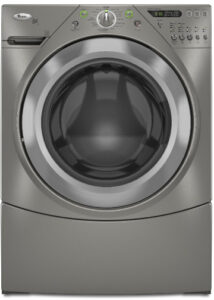 Silver Whirlpool front-loading washer with a round glass door