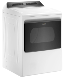 White Whirlpool dryer viewed from the front and left side