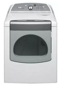 White Whirlpool dryer with a dark glass-front door and raised control panel