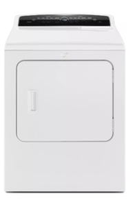White Whirlpool dryer with a solid front door and raised rear controls