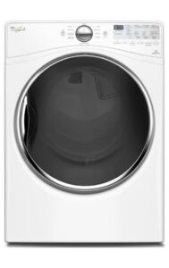 White Whirlpool dryer with a round glass door and front control panel