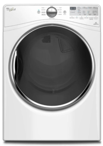 White Whirlpool dryer with a round dark glass door and a central selector above the door