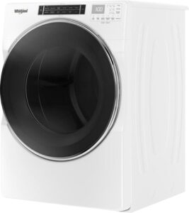 White Whirlpool front-loading dryer viewed from the front and right