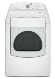 White dryer with a dark door window and rear control panel