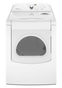 White dryer with a rounded door window and raised rear controls