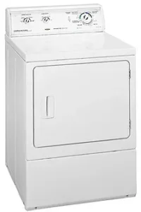White dryer with three controls across its raised rear panel