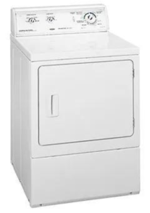 White front-loading dryer with raised rear controls and a recessed front door