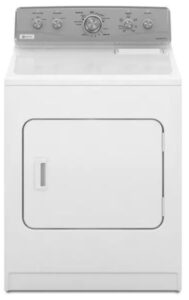 White dryer with a solid door and a rear timer-and-switch panel