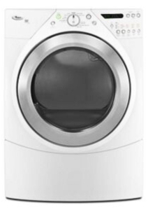 White front-loading dryer with chrome door trim